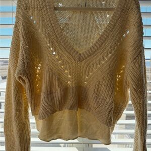 Anthropologie Women's Cream V-Neck Knit Sweater with Lined Hem Size M